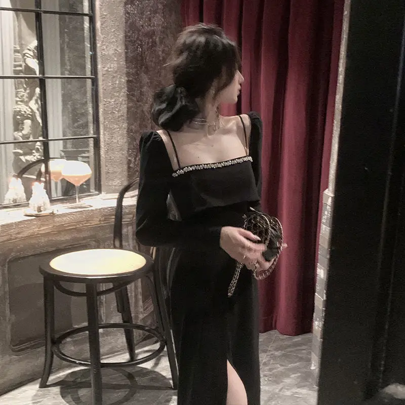 Autumn Black Hepburn Vintage Dress Women Sexy Split Party Midi Dress Female Casual Korean Fashion Elegant One Piece Dress 2022