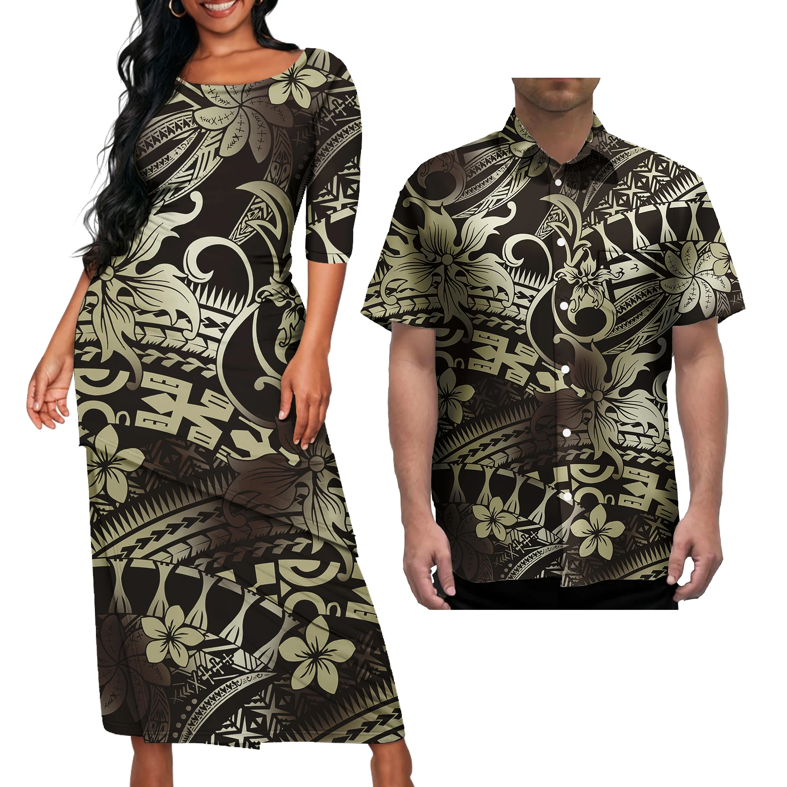 New Trend Polynesian Elei Tribal Couple Clothes Mens Shirts puletasi 2 piece set women Dress