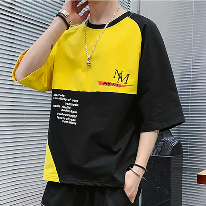 

Fashion Loose Spliced Printed Letter Asymmetrical T-Shirt Men's Clothing 2023 Summer New Casual Pullovers All-match Tee Shirt