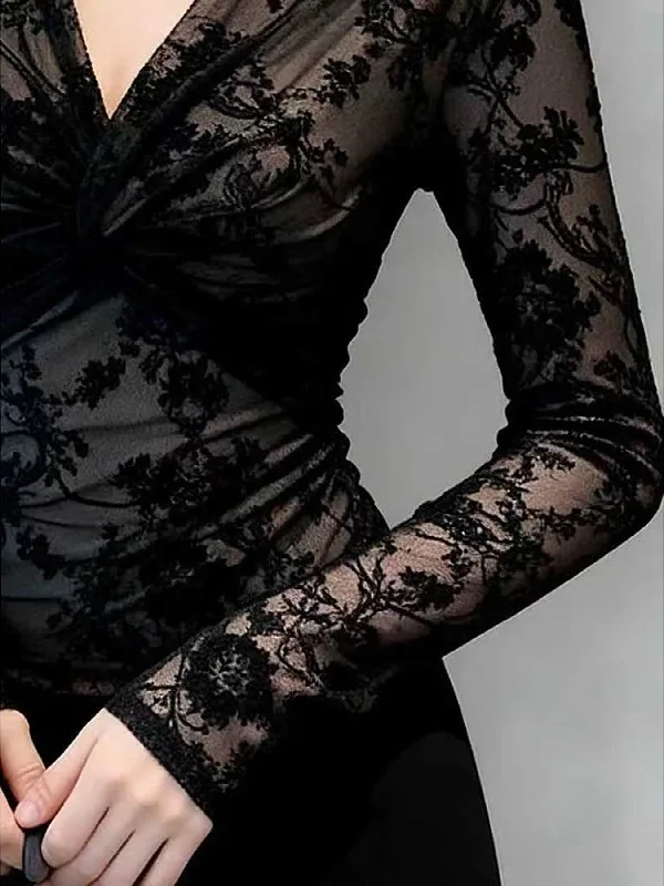 Top Sexy de Tamanho Grande com Base de Renda para Mulheres, Roupa Interna de Outono e Inverno, Slimming, Comprimento Longo, Decote em V com Nó