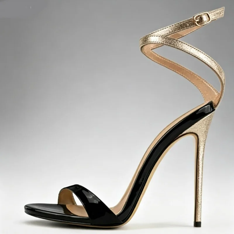 Black and Gold Stiletto Heeled Women Sandals Pink Black Patchwork Patent Leather Hollow Formal Dress Shoes