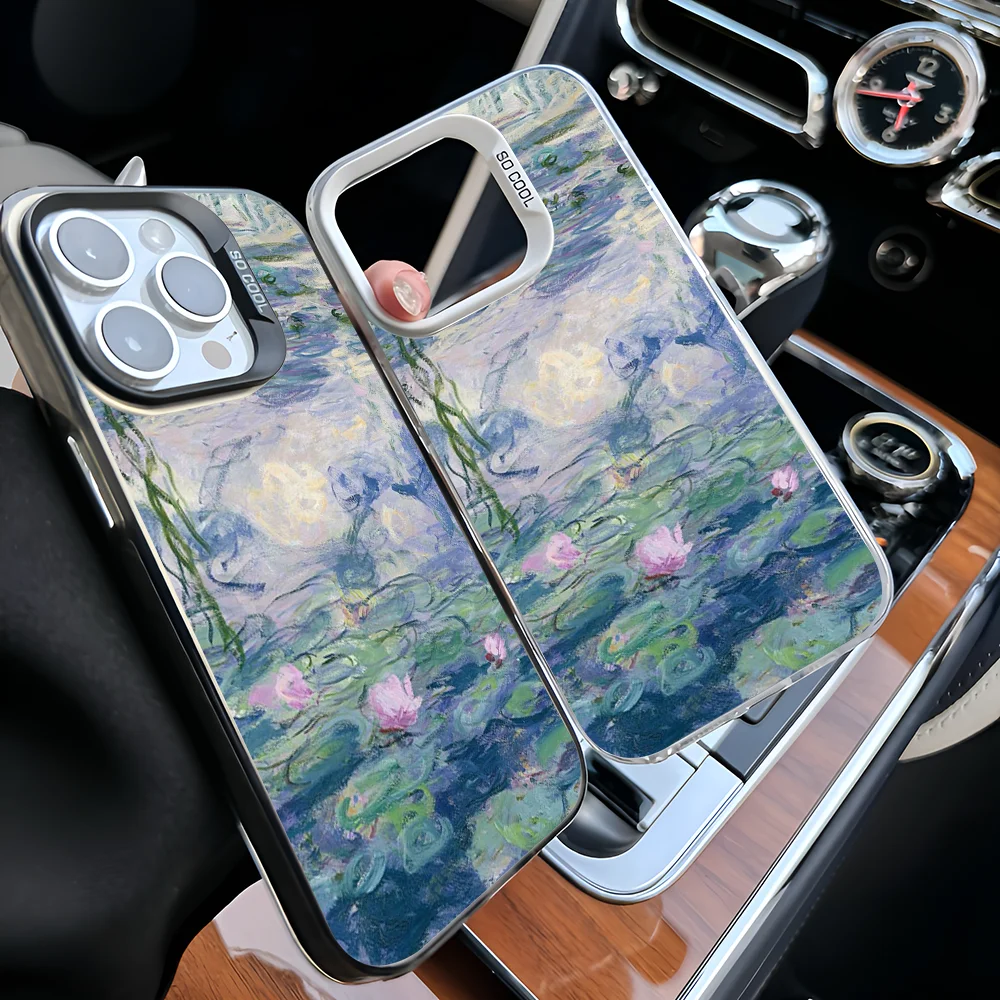 1pc Claude Monet Oil Painting Phone Case IMD Phone Case For IPhone 16 15 14 13 12 11 Pro Max Plus Color Silver Cover