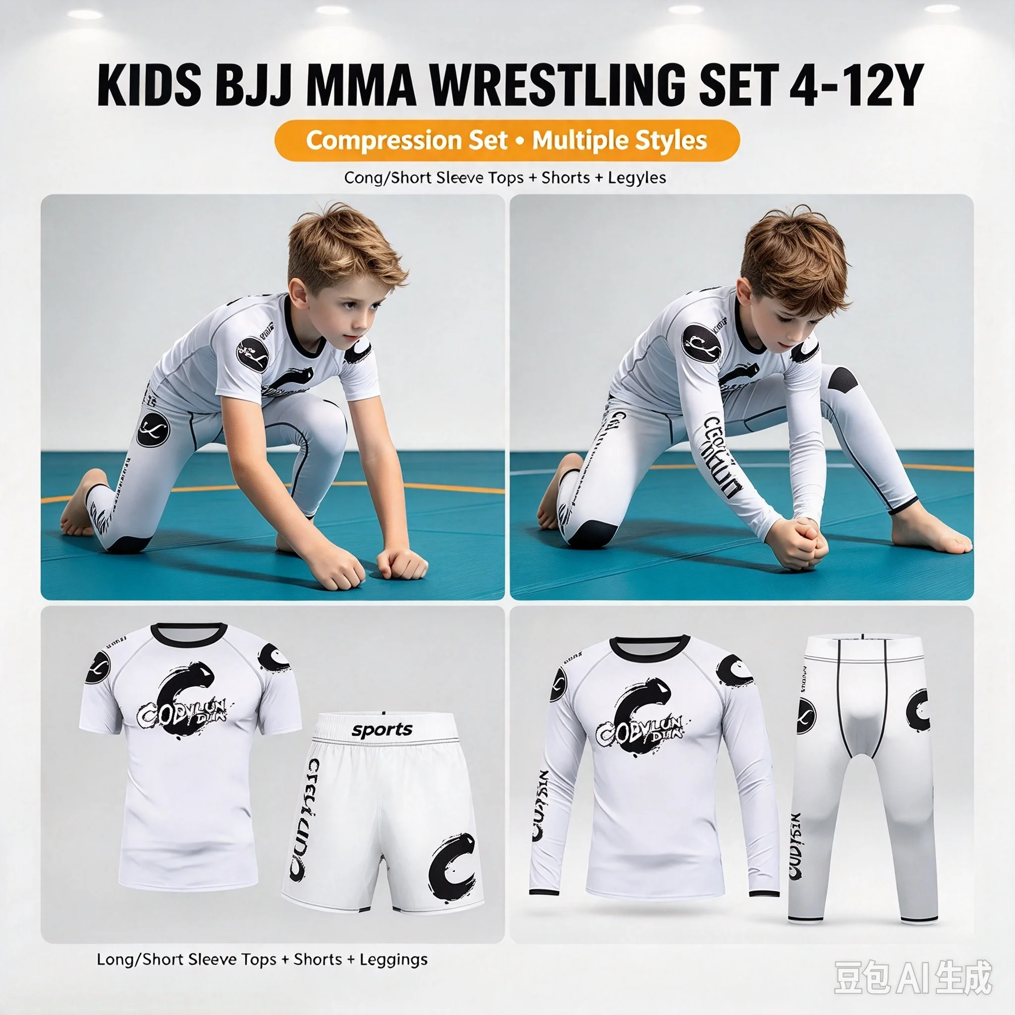 Kids White Jiu-Jitsu Rash Guard Set 4-12Y, Wrestling Grappling Training Uniform Long/Short Sleeve Compression Suit for MMA Sport