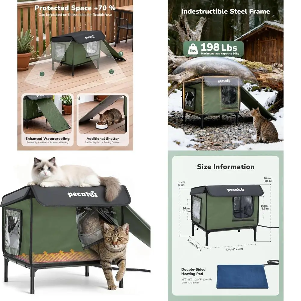 

Weatherproof Insulated Outdoor Cat Shelter with Heating Pad, Dual Exits, Metal Frame, and Expanded Canopy for Feral Cats