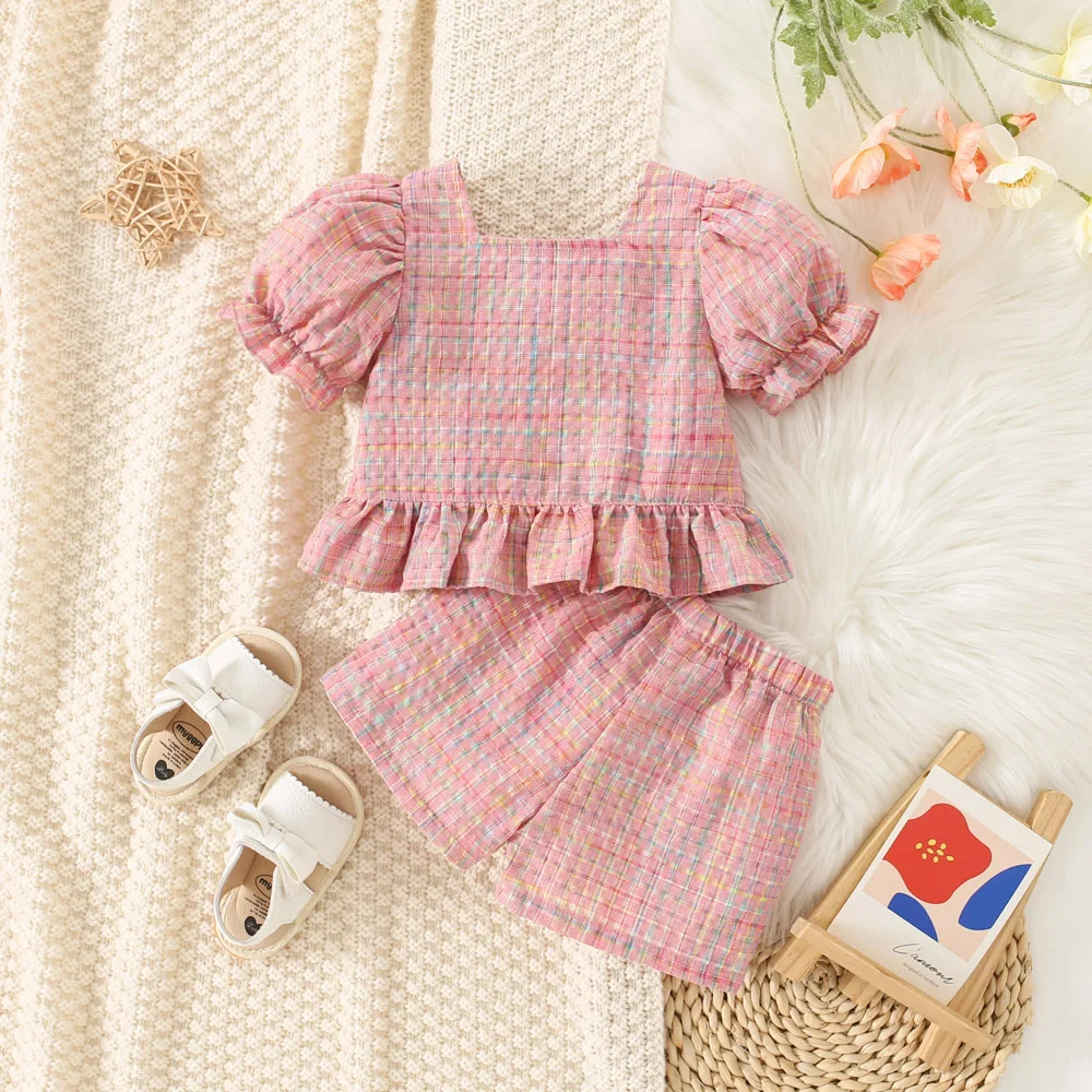 Summer New Baby Girls Two-Piece Set Bubble Sleeve Plaid Pattern Button Ruffle Lace Square Collar Sweet Casual Two-Piece Set