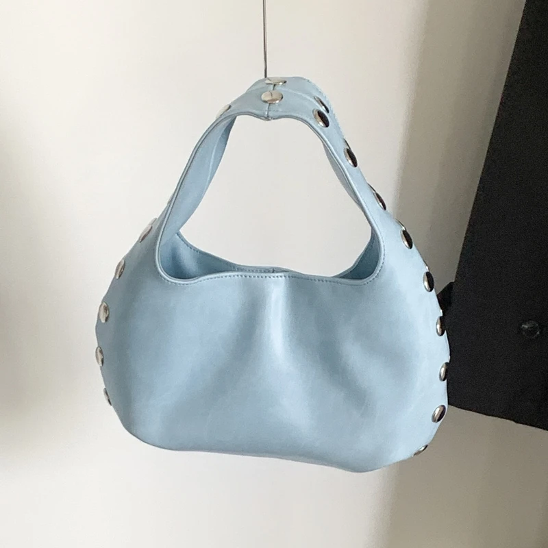 New Fashionable Retro Work and Commuting Bag Soft Pu Leather Moon-shaped Rivet Design Wide Shoulder Strap Handbag Sac A Main