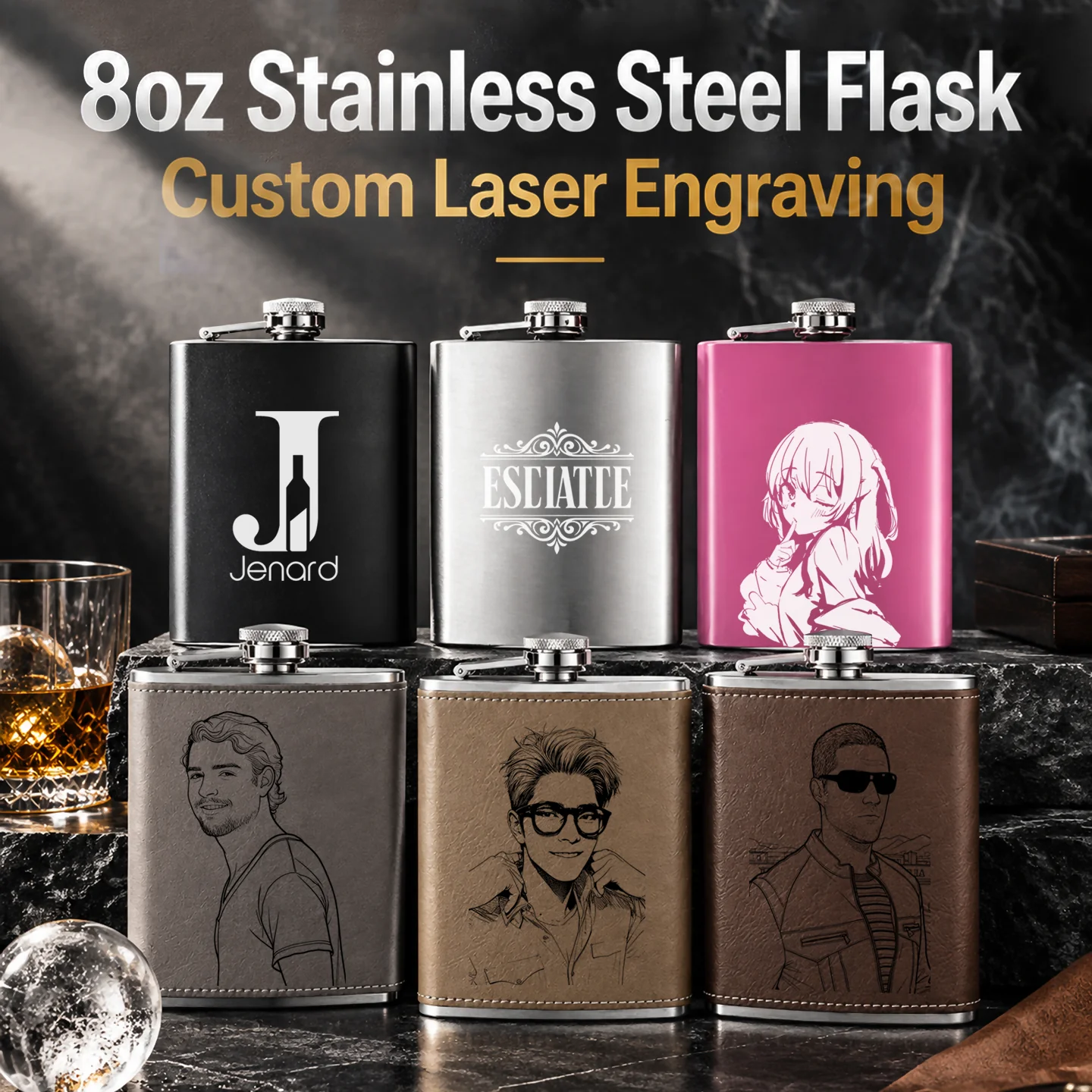 8oz 236ml Stainless Steel Hip Flask Laser Custom Logo Photo Portable Outdoor Camping Water Bottle Pocket Liquor Flask DIY Gift