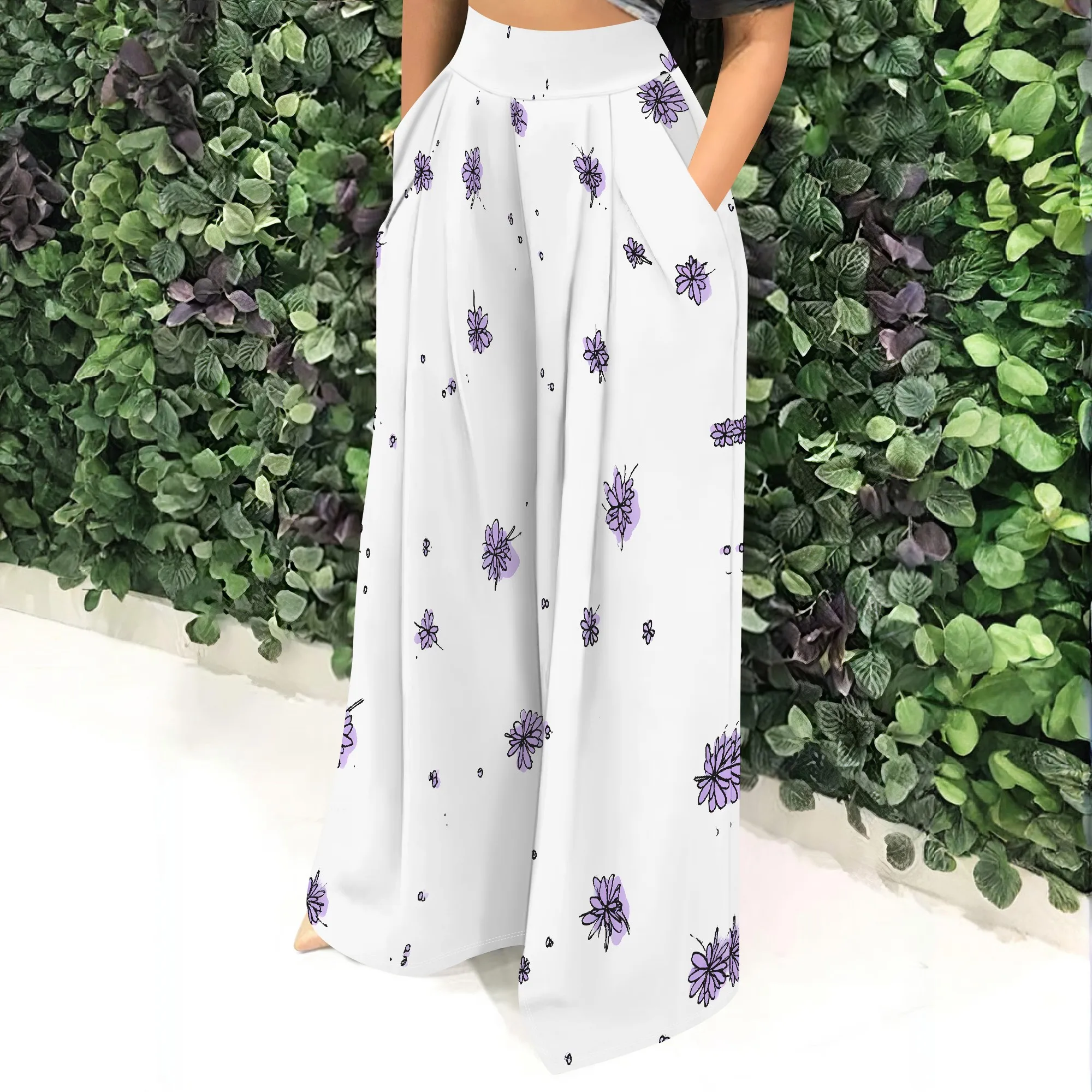 Purple Floral Print, High Waisted Wide Leg Pants, Pocket Detail, Loose Fit Trousers, Casual Summer Style for Women, S-2XL