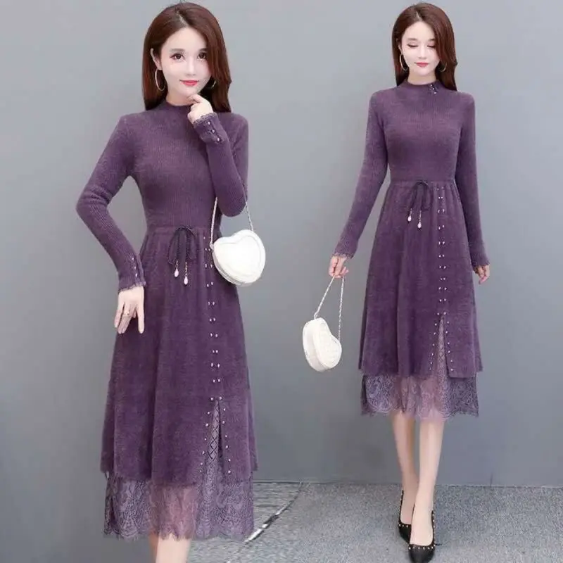 

Elegant Lace Imitation Mink Cashmere Knitted Dress Women Autumn Winter Warm Soft Korean Sweater Dresses Vintage Vestidos T110
