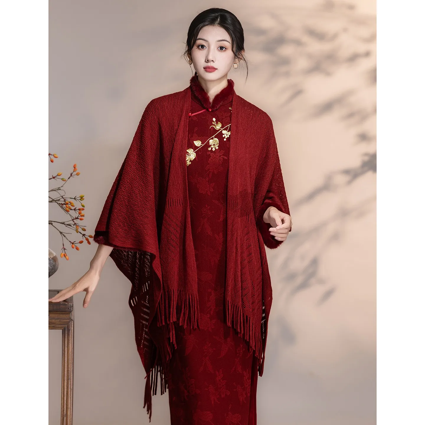 red-knitted-shawl-wedding-dress-engagement-party-women's-style-spring-summer-fashion-accessories-other-functions