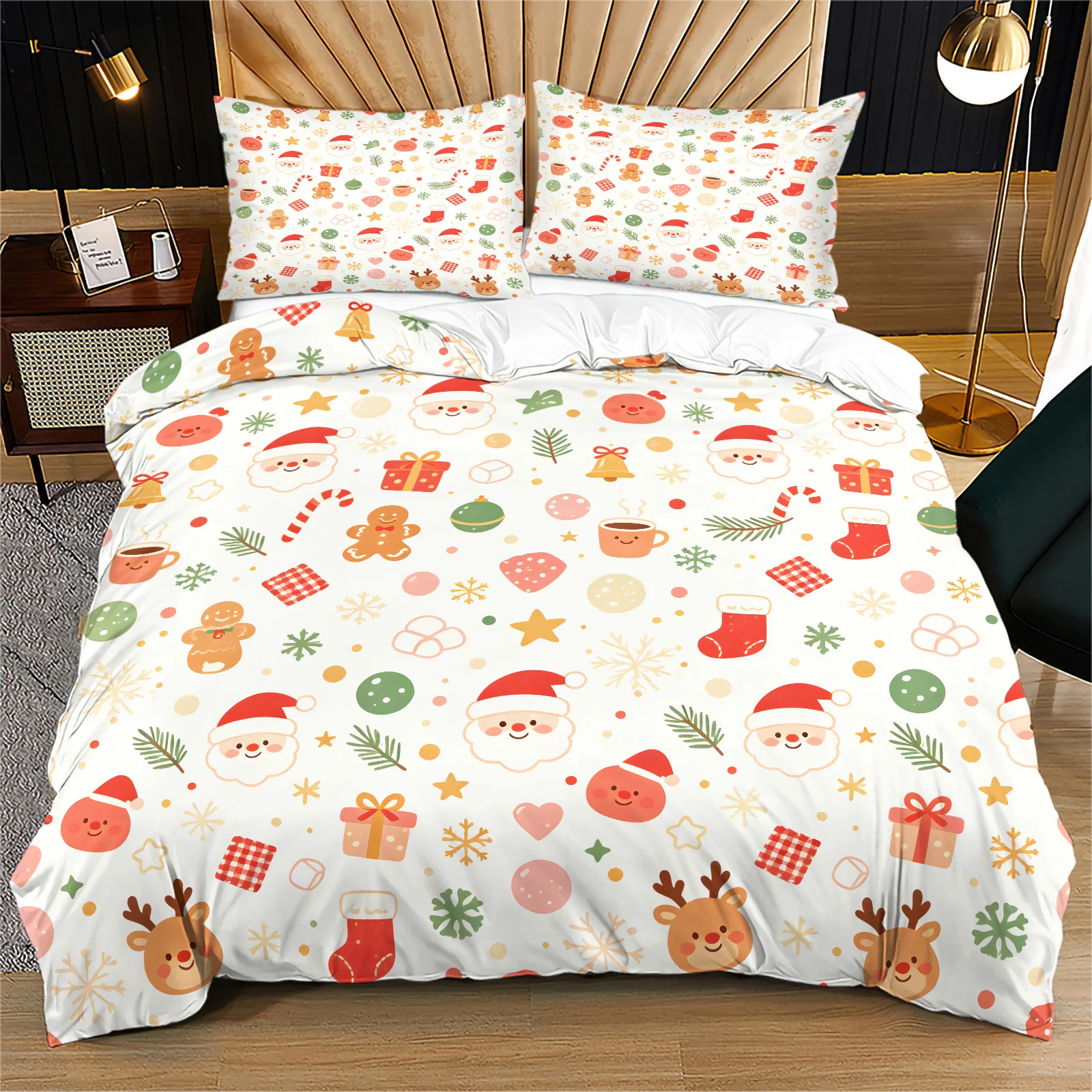 Christmas Duvet Cover Set Cartoon Santa Reindeer Gingerbread Man Pattern Bedding Set Zipper Quilt Cover with Pillowcase Home Dec
