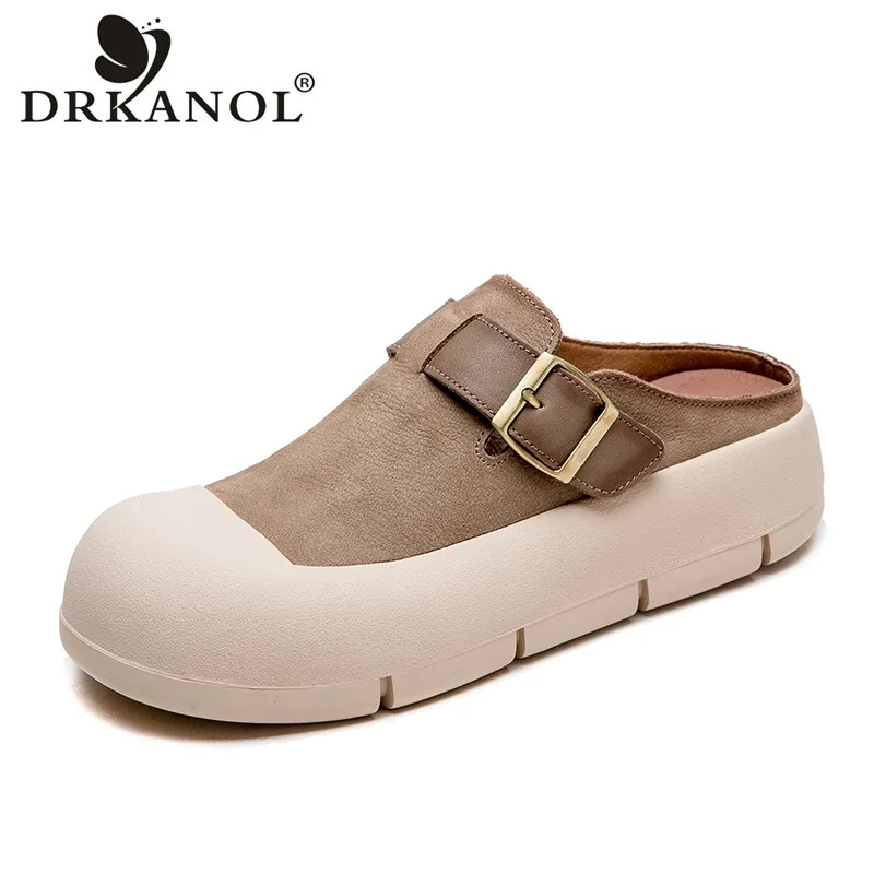 

DRKANOL 2024 Summer Women Flat Platform Shoes Round Toe Genuine Leather Slip On Shoes Literary Style Casual Slingback Slippers
