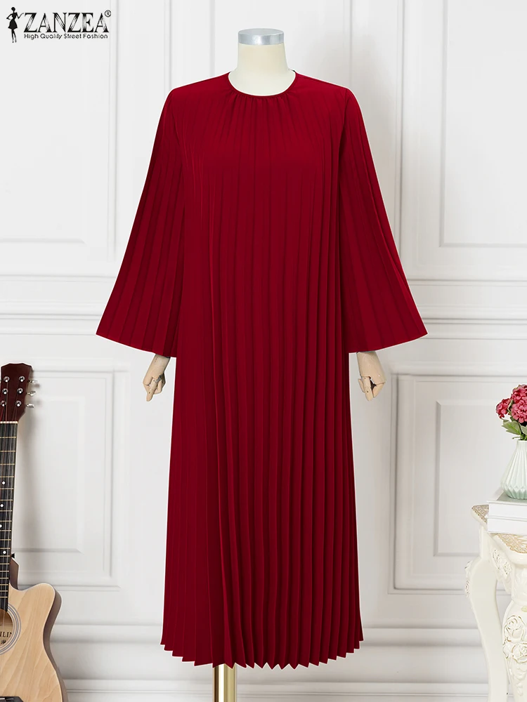 

ZANZEA 2022, элегантное женское осеннее плиссированное платье с длинными рукавами, мусульманские платья, халат Абая, женский сарафан Ид Мубарек, исламская одежда