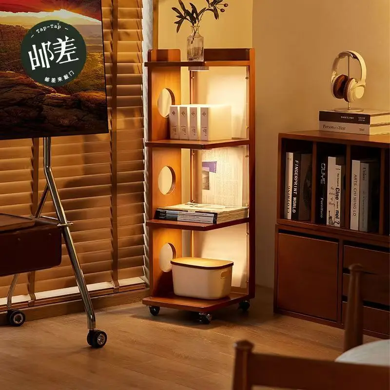 Solid wood movable small cart, corner bedside floor-standing, wall-mounted storage bookshelf, multi-layer storage sofa cabinet,