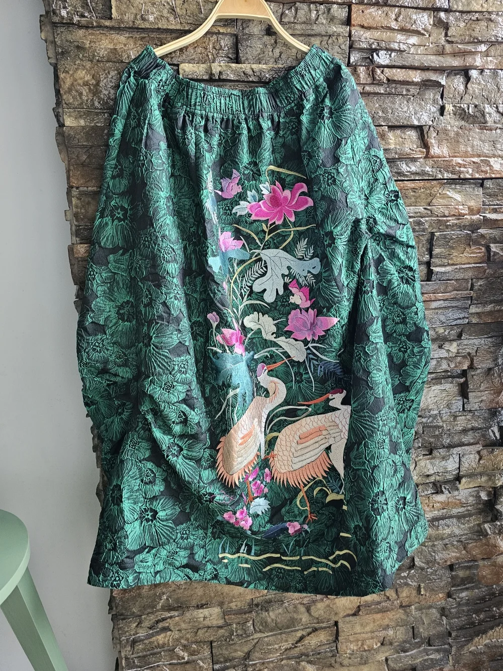 High end women clothing Green jacquard plus size long skirt Vintage custom made embroidery floral elastic waist Umbrella skirt