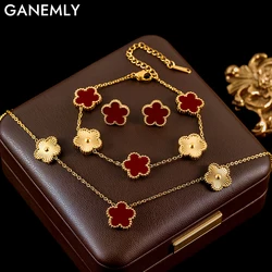 GANEMLY 316L Stainless Steel Red Plum Blossom Plant Leaf Flower Set Reversible Necklace Earrings Bracelet Women Clover Jewelry