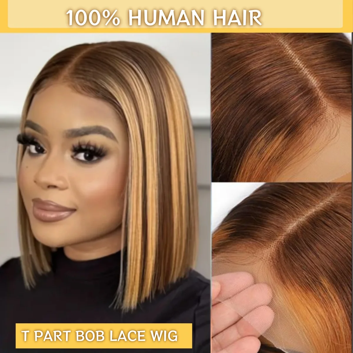 Highlight Ombre T part Lace Bob Wig 4/27 Honey Blonde Bob Lace Front Wig Human Hair Short Straight Bob Wig For Women 180 density