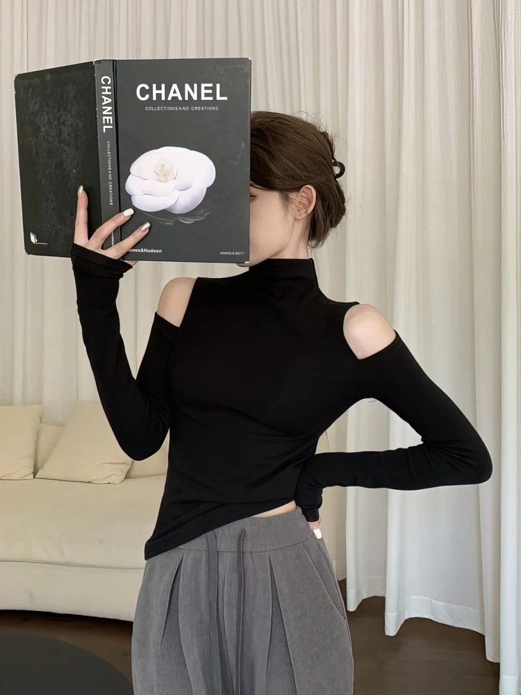 Dolcevita coreano autunno inverno top basic donna sexy spalle scoperte manica lunga in pile spesso maglietta moda nera magliette da donna