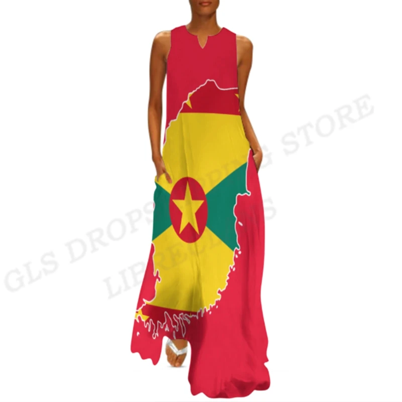 Grenada Flag Dress Women Fashion Party Evening Dresses Casual Long Robe Grenada Flag Vestidos Maxi Vocation Dress Beach Behemian