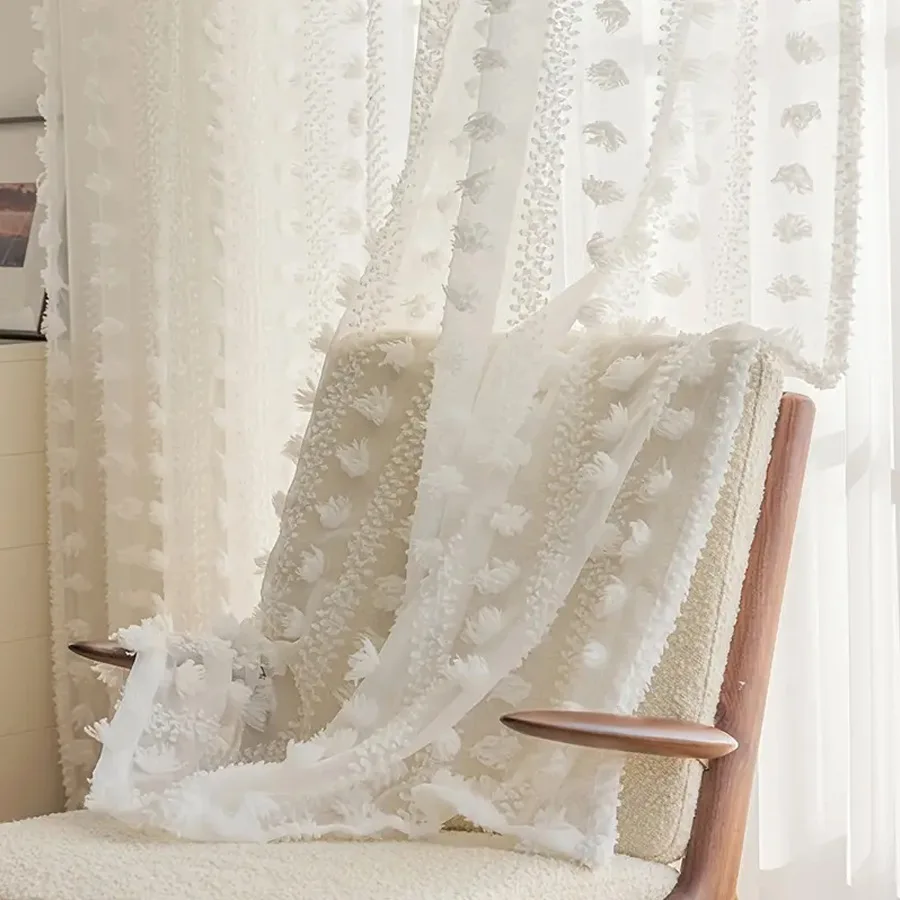 White Sheer Curtains for Living Room Bedroom Farmhouse Boho Drapes White Pom Pom Curtain Tufted Semi Sheer Nursery Kids