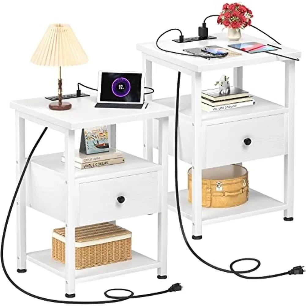 

Nightstand Set of 2 with Charging Station, End Table Bedside Table with USB Ports, Modern Nightstands, Sofa Couch,White