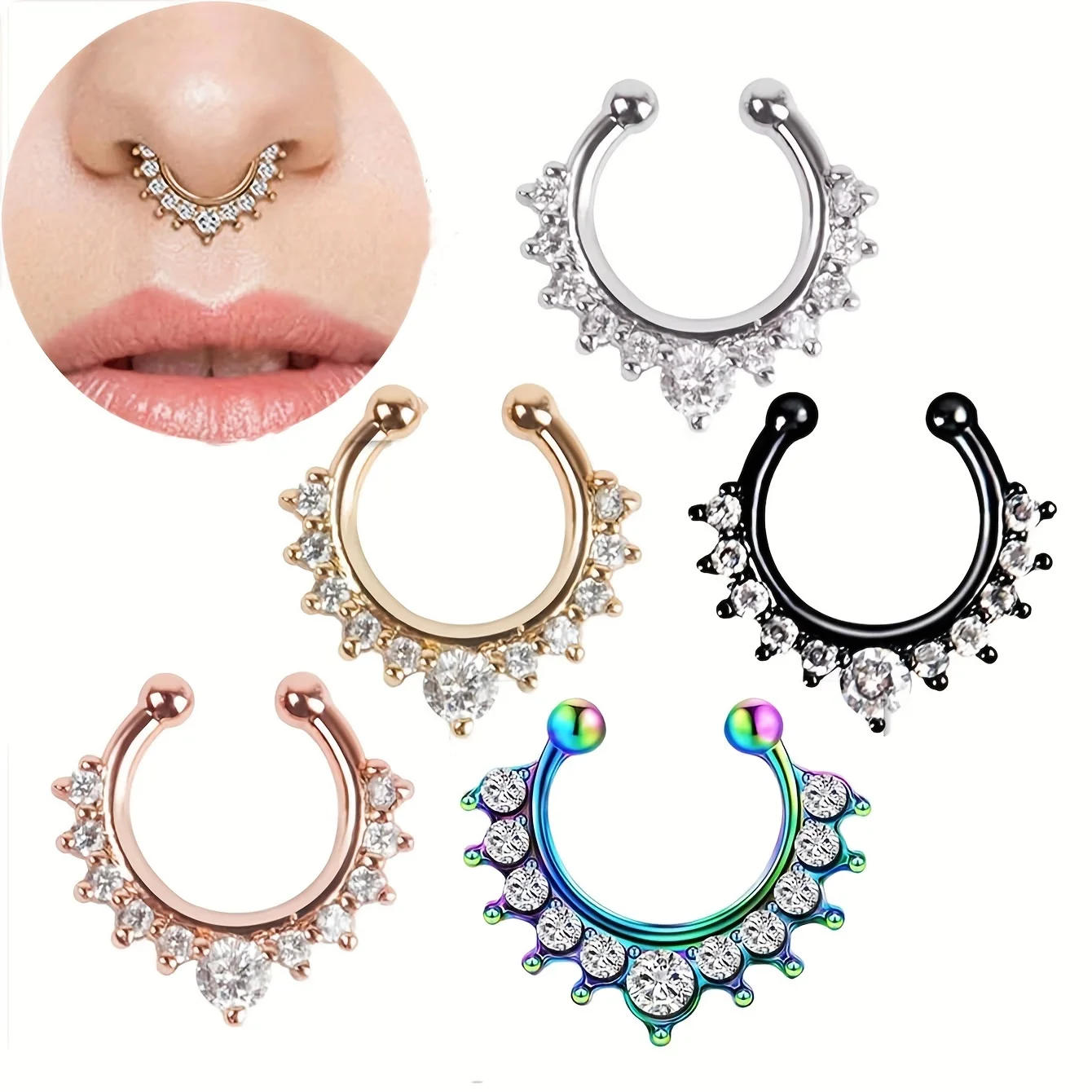 5Pcs/1Pcs Horseshoe C-shaped Nasal Stainless Steel Cubic Zircon Fake Nose Ring Body Piercing No-Hole Nose Jewelry Nose Clip