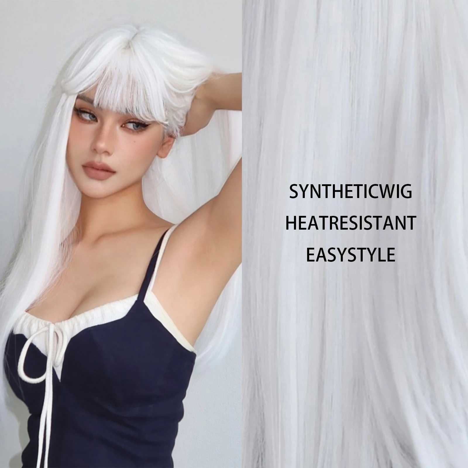 Synthetic White Cosplay Wig Long Straight Blonde Wigs with Bangs Party Lolita Hair Wig for Women Heat Resistant Halloween Hair