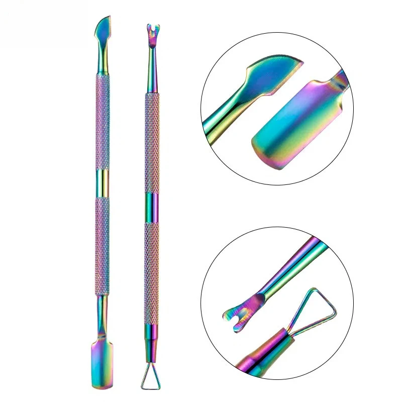 สีสันไทเทเนียมสแตนเลสสตีลเล็บชุดเครื่องมือ Cuticle Pusher ตะไบเล็บ Dead Skin Remover Kit เล็บผลิตภัณฑ์กําจัด