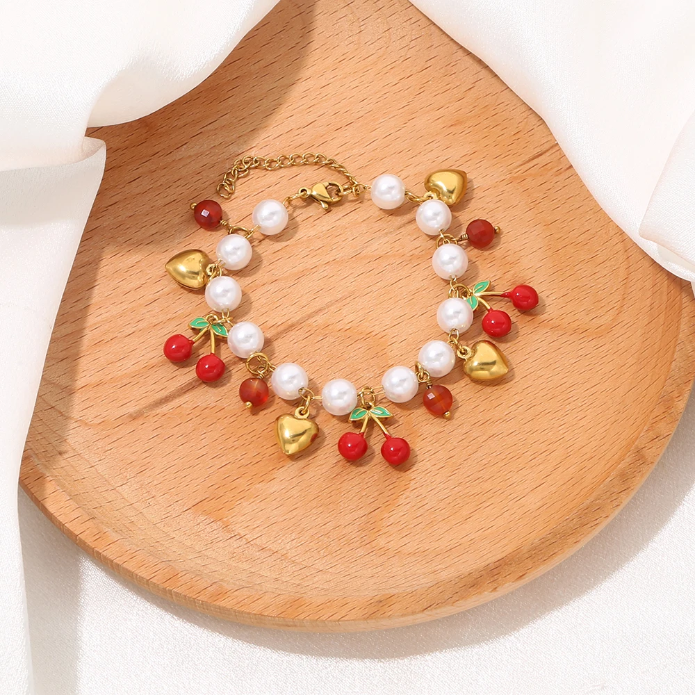 Jolivie Sweet Cute Style Cherry Heart Pearl Pendant Bracelet Stainless Steel Gold-Plated Waterproof Fashion Y2K Gold Jewelry