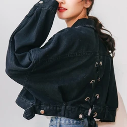 Vintage Short Black Denim Jackets Women Spring Korean Fashion Preppy Style Lace-up Jeans Coats Casual Loose Female Outerwear