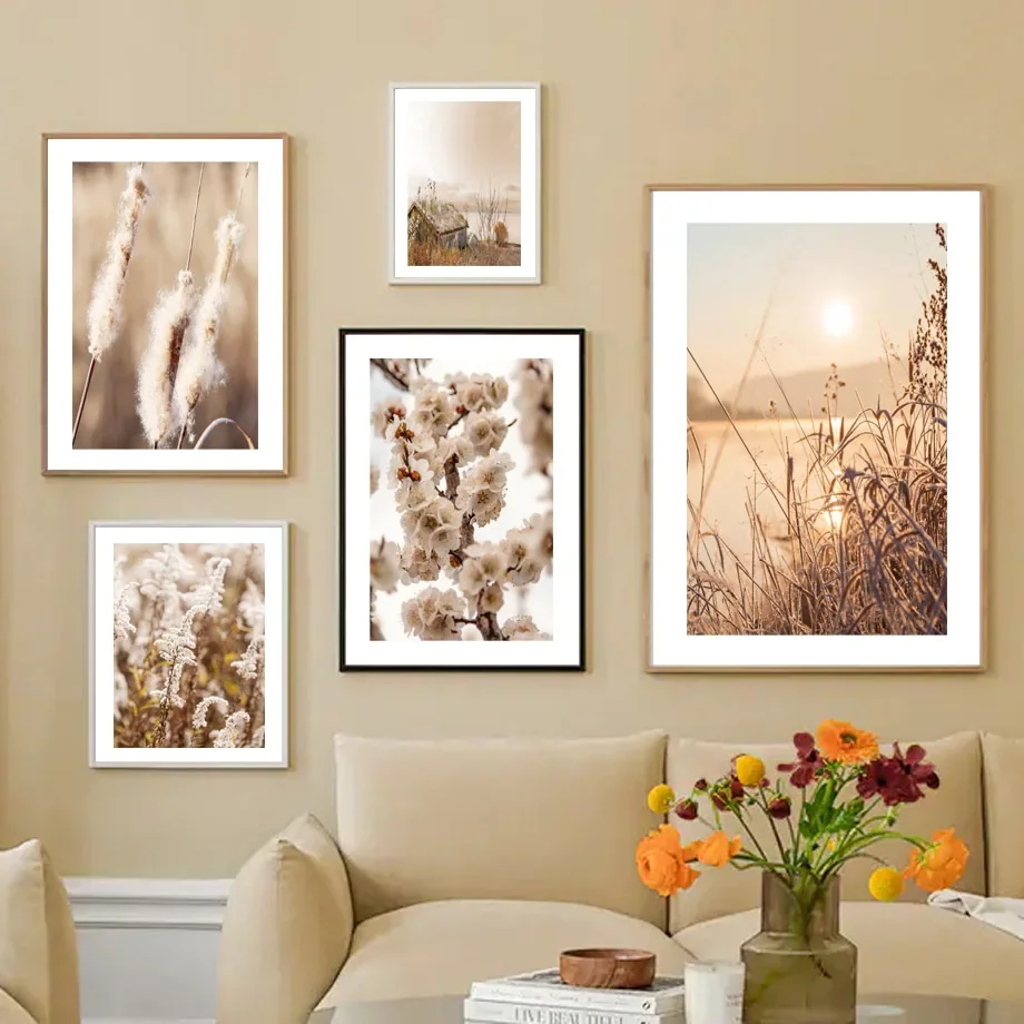 1pc frameless Canvas Painting 1pc frameless Canvas Painting Autumn Natural Poster Sunset Tree House Grass Reed Wheat Canvas Pain