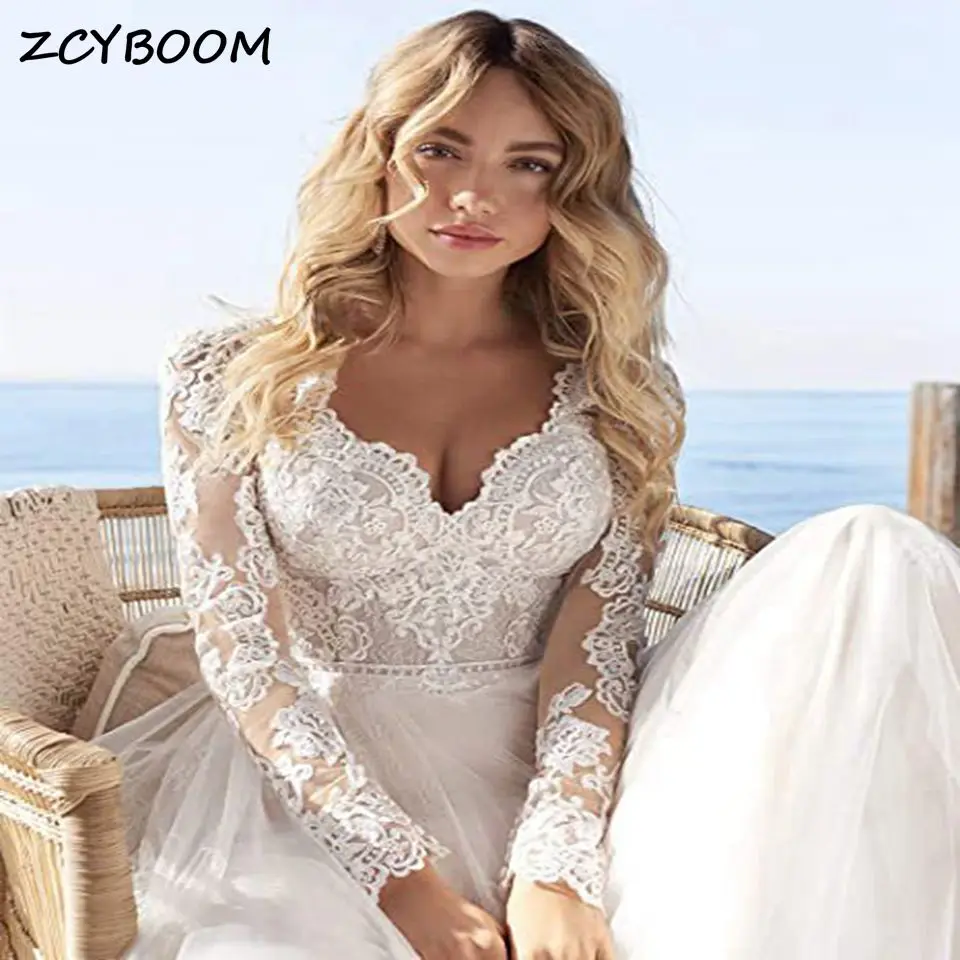 

Elegant Lace Appliques A-Line Boho Plus Size Beach Wedding Dresses 2025 Long Sleeves Sweep Train Bride Gowns Vestido De Noiva