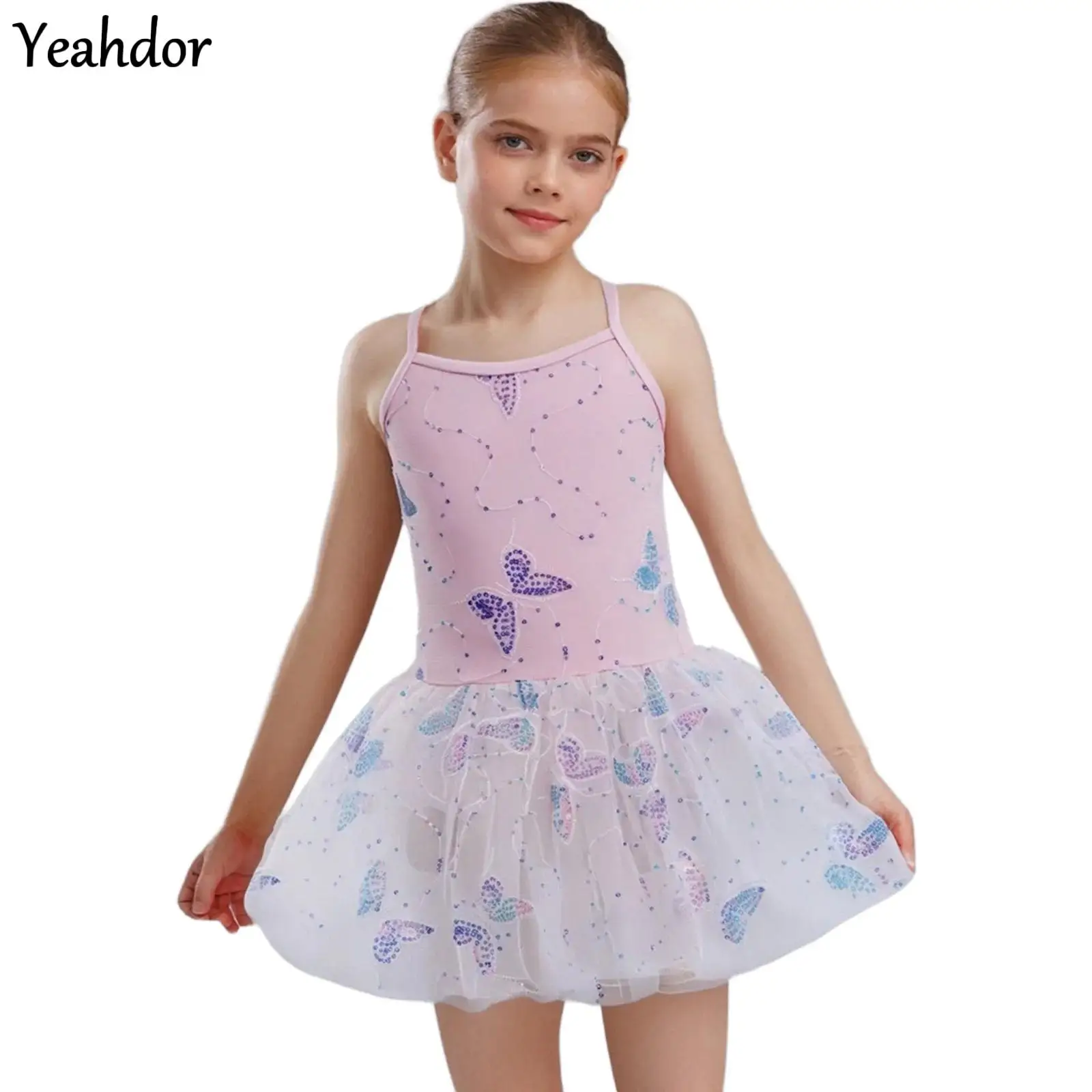 

Kids Girls Gymnastics Leotard Ballet Tutu Dress Cross Back Shiny Sequin Butterfly Embroidery Ballerina Performance Costume Wear