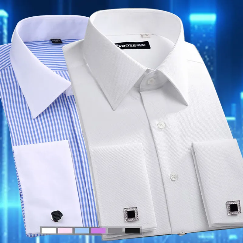 2024 new men\'s long sleeve shirt High quality tuxedo standing collar wedding dress shirt men\'s white French cufflink shirt