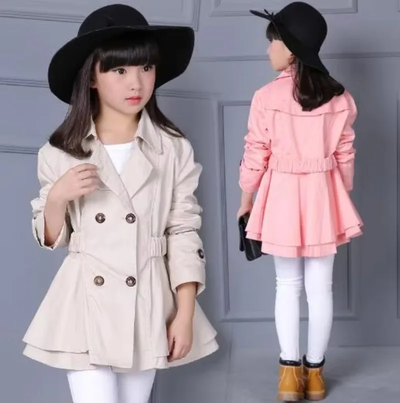 

Girls Trench Fashion Double-breasted Lapel Jacket Tops Spring Autumn Children Clothes Kids Girl Solid Color Coat