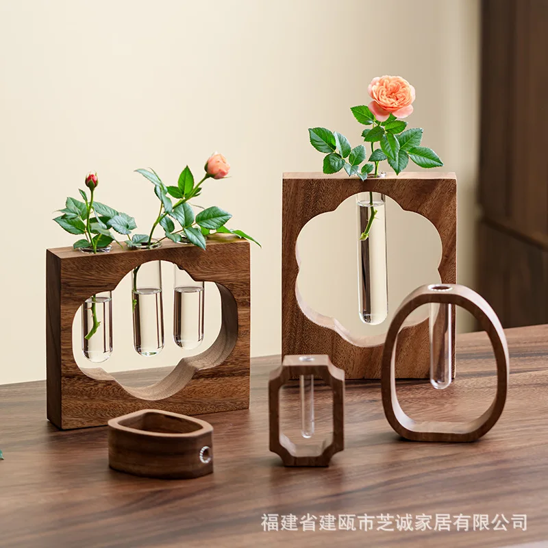 Walnut Solid Wood Water Planter Tabletop Ornament Mini Glass Plant Flower Arranger