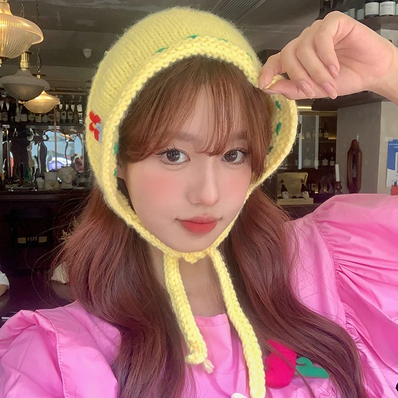 Ins Fashion Handmade Crochet Turban Flower Thick Autumn Winter Triangle Headband Towel Sweet Strap Hair Bag Headscarf Hat