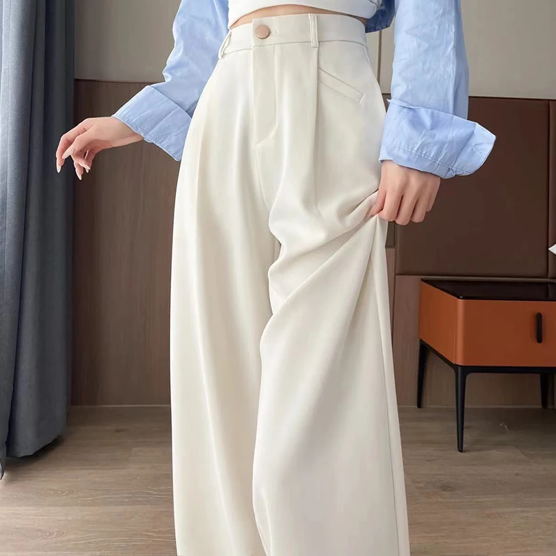 Seoulish Autumn Elegant Women\'s Wide Leg Pants 2024 New Korean Solid Button Casual Loose Office Full Length Trousers Female