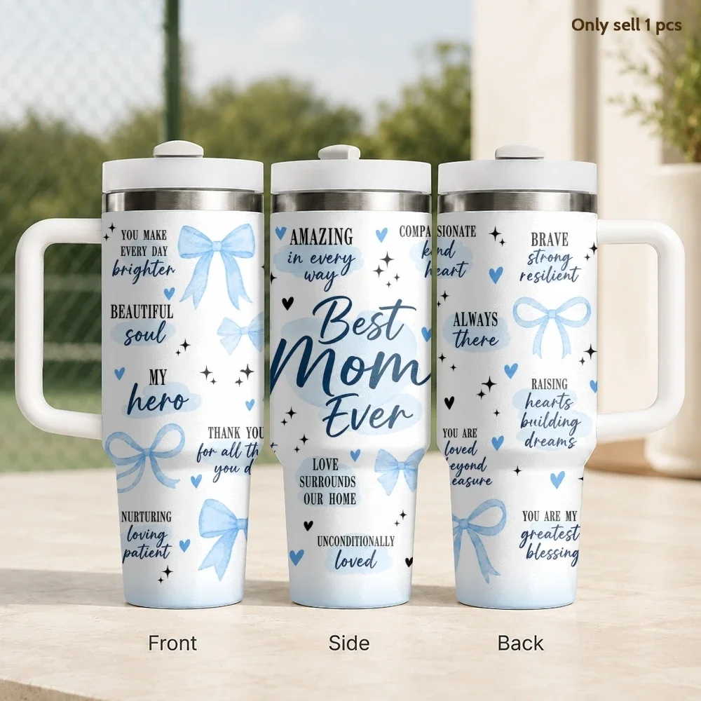 Blue Ribbon Mom Quotes Vacuum Flasks 40oz Stainless Steel Insulated Tumbler with Handle & Straw Leakproof Travel Mug