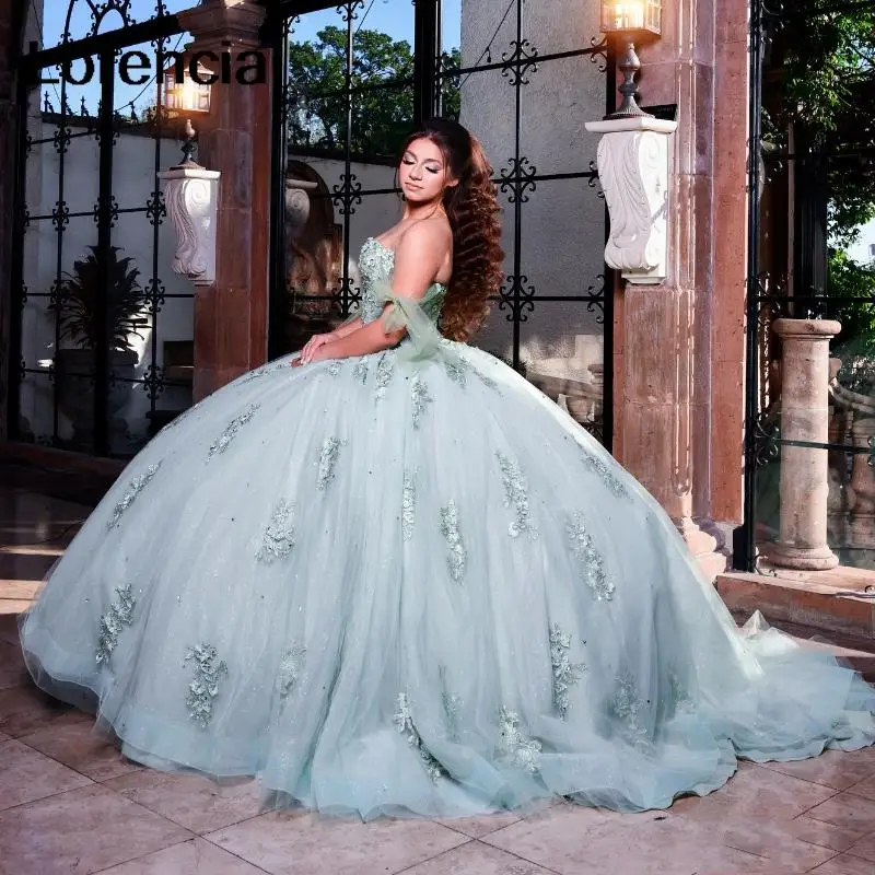 

Lorencia Princess Mint Green Quinceanera Dress Off Shoulder Applique Floral Lace Beading Sweet 16 Vestidos De 15 Años YQD612