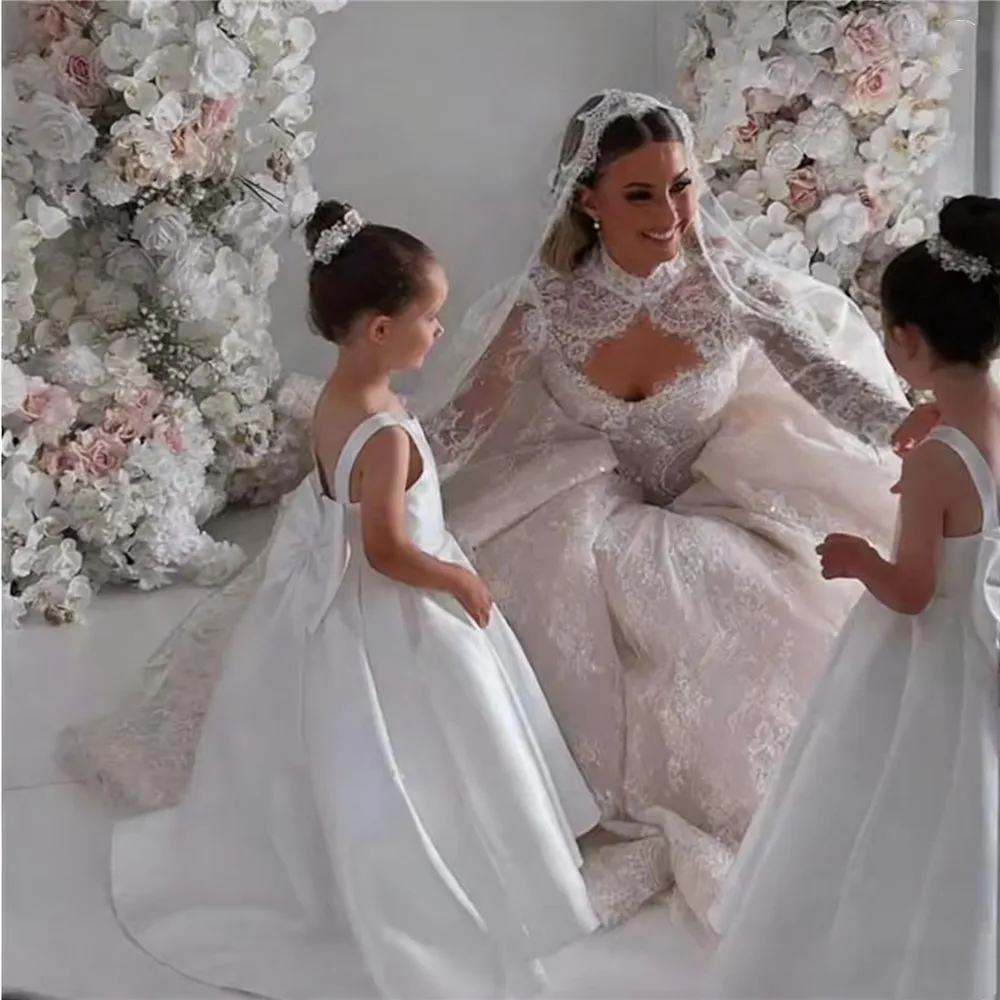 

Flower Girl Dress for Wedding Satin With Bow Toddlers Spaghetti Strap Kids First Communion Birthday Party Ball Gown Customized