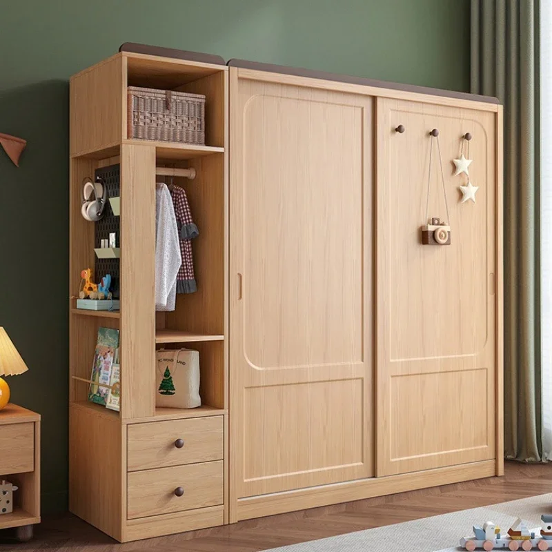 Children's wardrobe solid wood sliding door household bedroom small apartment storage large wardrobe sliding door wardrobe