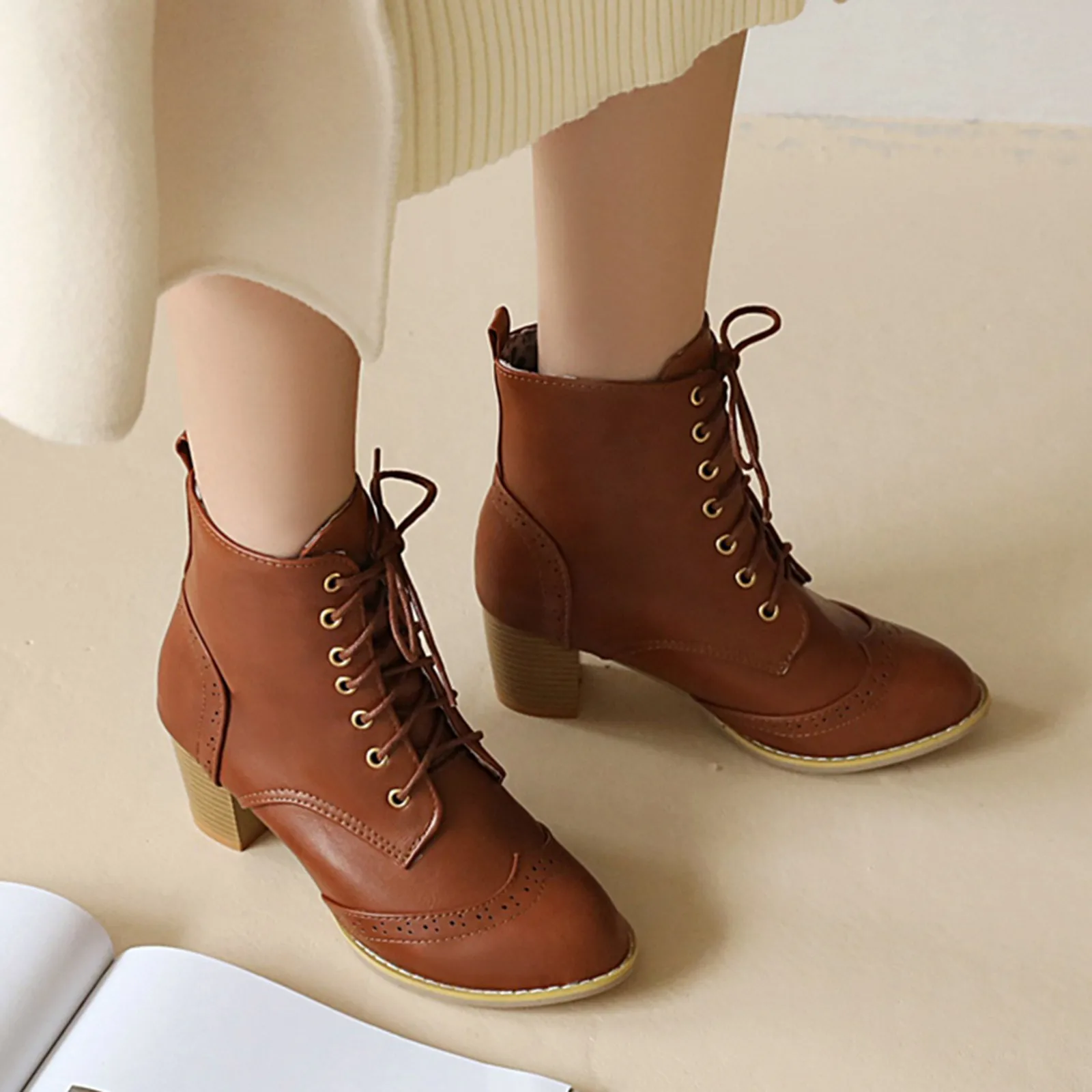 Women's Autumn Winter Thick Heel Lace Up Boots Foreign Trade Independent Station Korean Edition Boots High Heel Vintage Boots