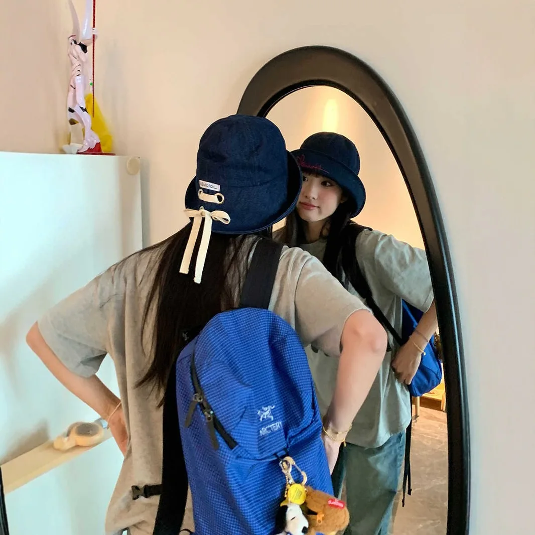 Ladies' Bucket Hats Korean New Cute Sweet Letter Embroidered Kawaii Casual Cowboy Bucket Hats Large Brim Sunshade Hats For Girl