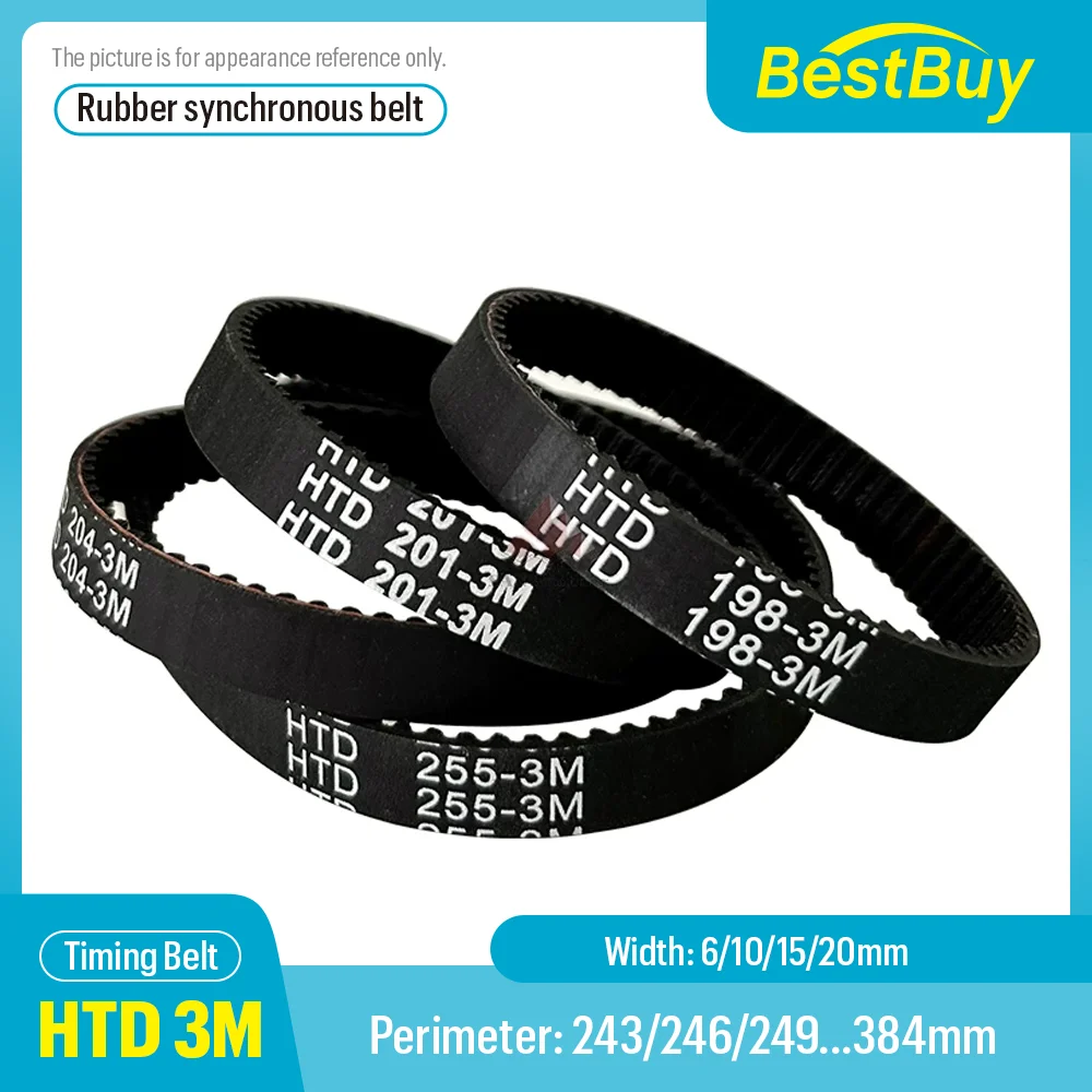 HTD 3M High-Quality Rubber Closed Loop Timing Belt for 3M Synchronous Wheels - Various Width 6-20mm Perimeters 243-384mm