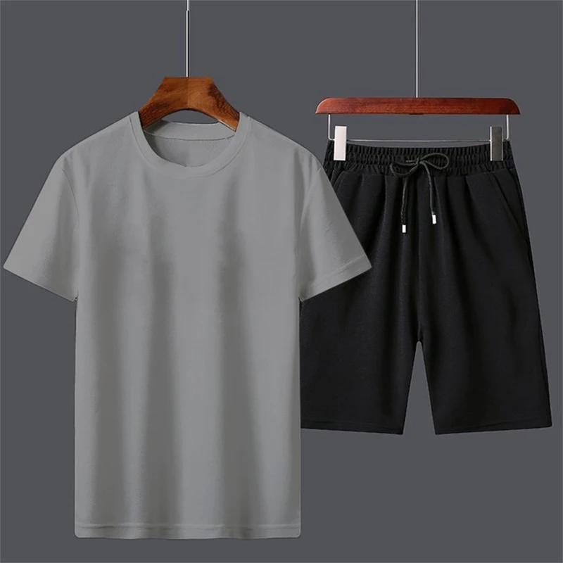 Summer New Men\'s Short-sleeved T-shirt Shorts Two-piece Sports Casual Suit Solid Color Summer Suit