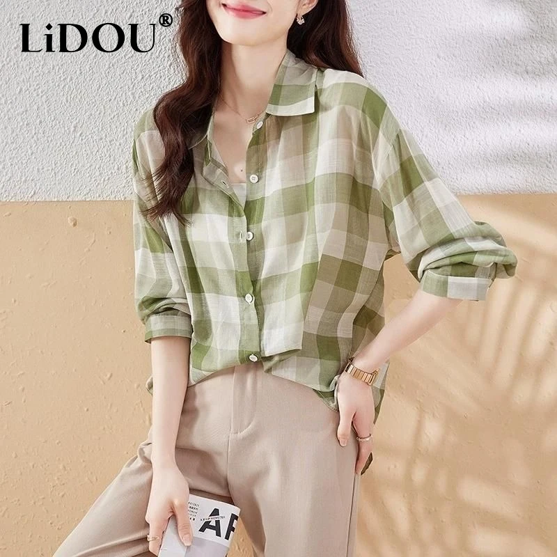 

2023 Spring Autumn New Turn-down Collar Long Sleeve Button Shirt Women Vintage Plaid Loose Casual Cotton All-match Cardigan