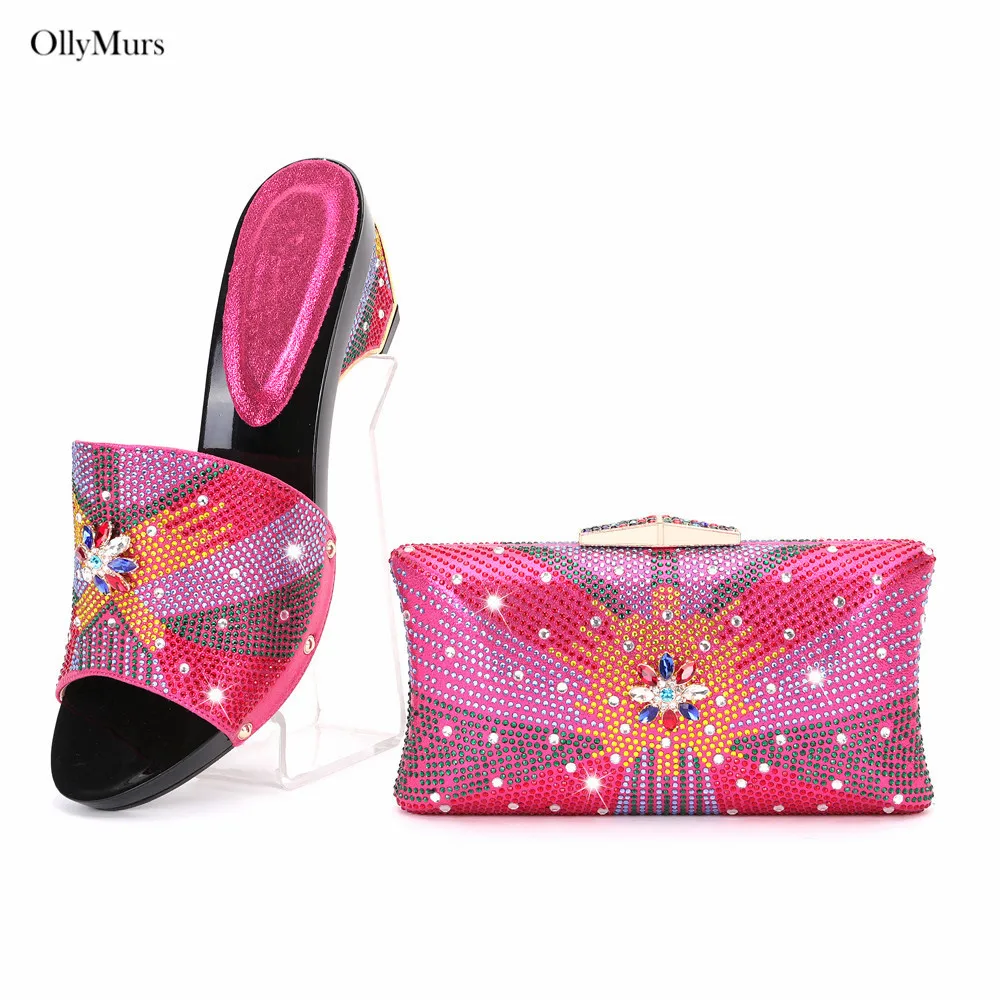 Italian Fashion Pumps Shoes And Rhinestone Bag Set For Wedding Party New Africa Style Woman Shoes And Bag Set On Stock