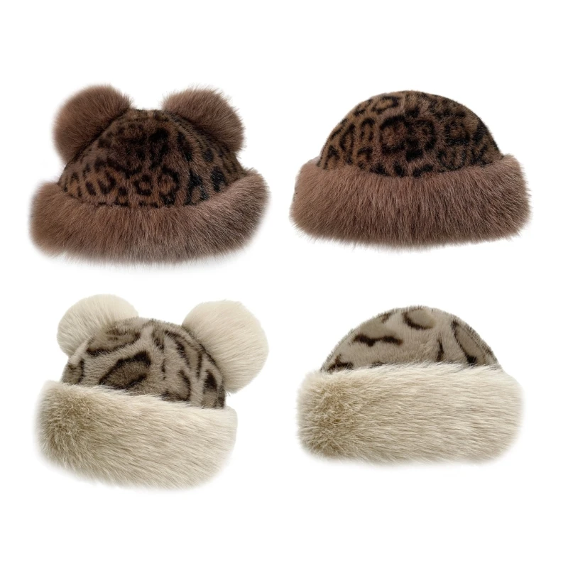 

New Furry Cartoon Head Cover with Ear for Outdoor Sports Furry Leopard Pattern with Ear Oversized Headgear Hat for Winter