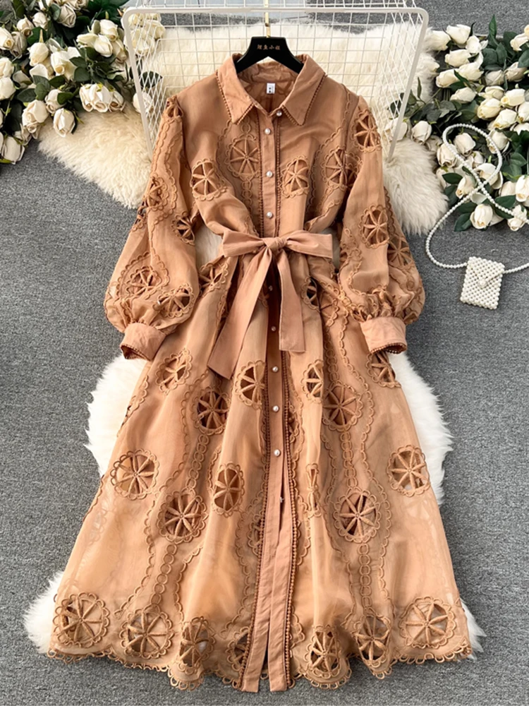 EWQ Fashion Long Dress For Women Hollow Out Design Embroidery Belt Gathered Waist A-line Long Dresses 2024 New Clothing 27C377